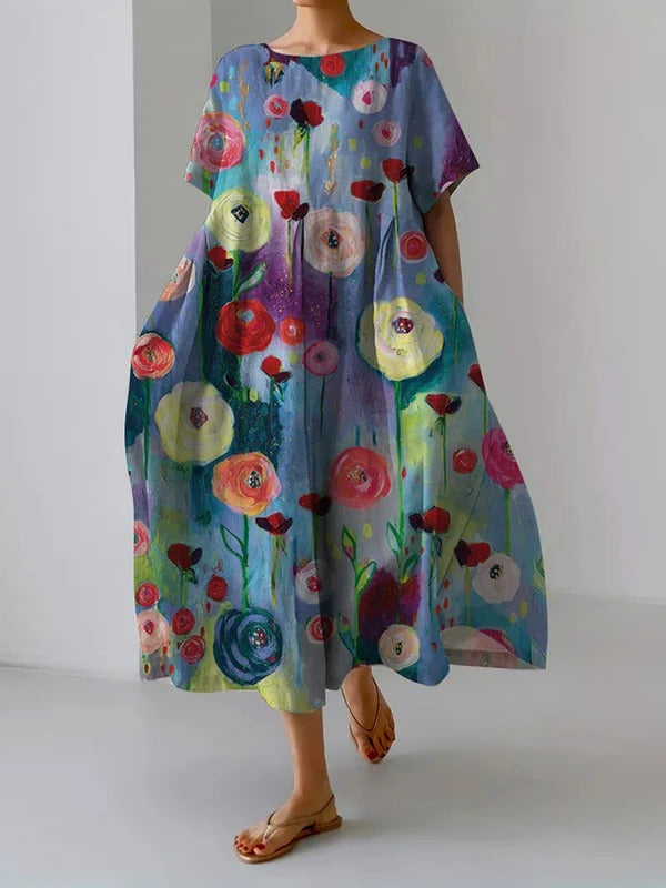 Lightweight Casual Midi Dress for Women with Oil Painting Print, S to 5XL