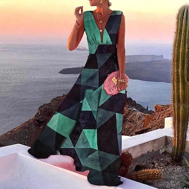 Sleeveless V Neck Maxi Dress for Women with Fitted Waist in Lightweight Summer Fabric