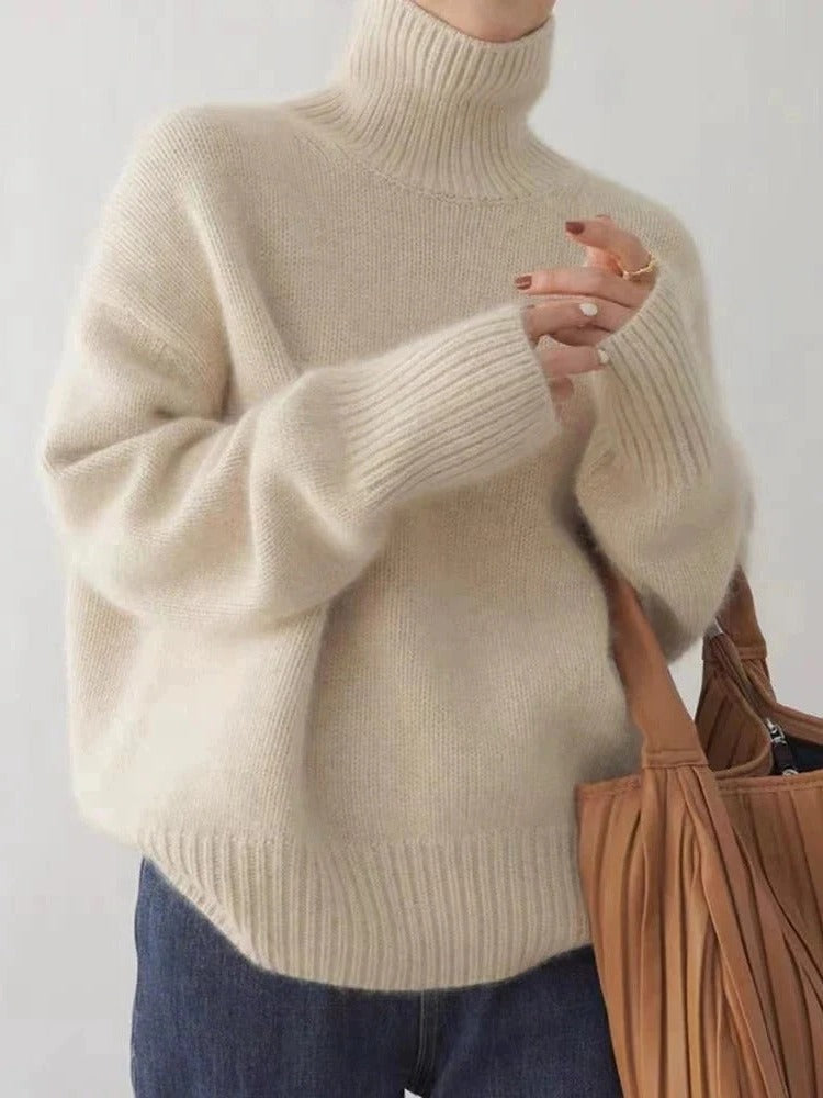 Organic Merino Wool Loose Fit Turtleneck Sweater for Women in Brown, Gray, Beige