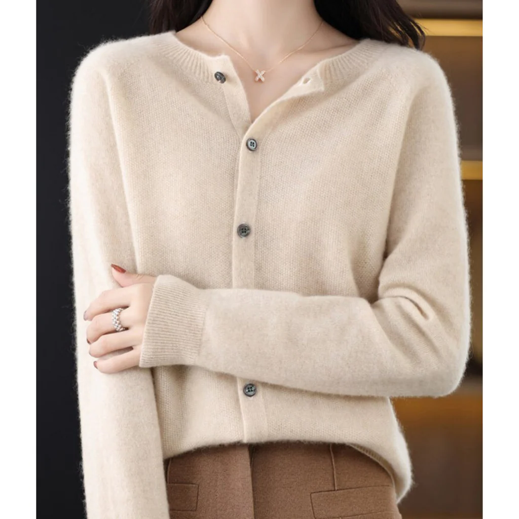 Plus Size Women's Long Sleeve Button-Up Knit Cardigan with Round Neck, S to 3XL