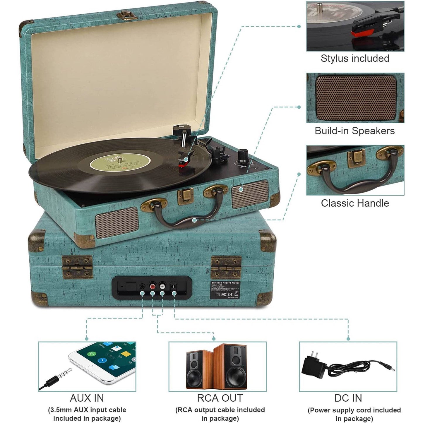 Retro Bluetooth Turntable with Built-In Speakers - 3 Speed