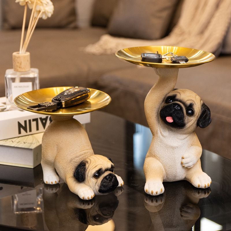 Pug Figurine with Decorative Gold Serving Tray