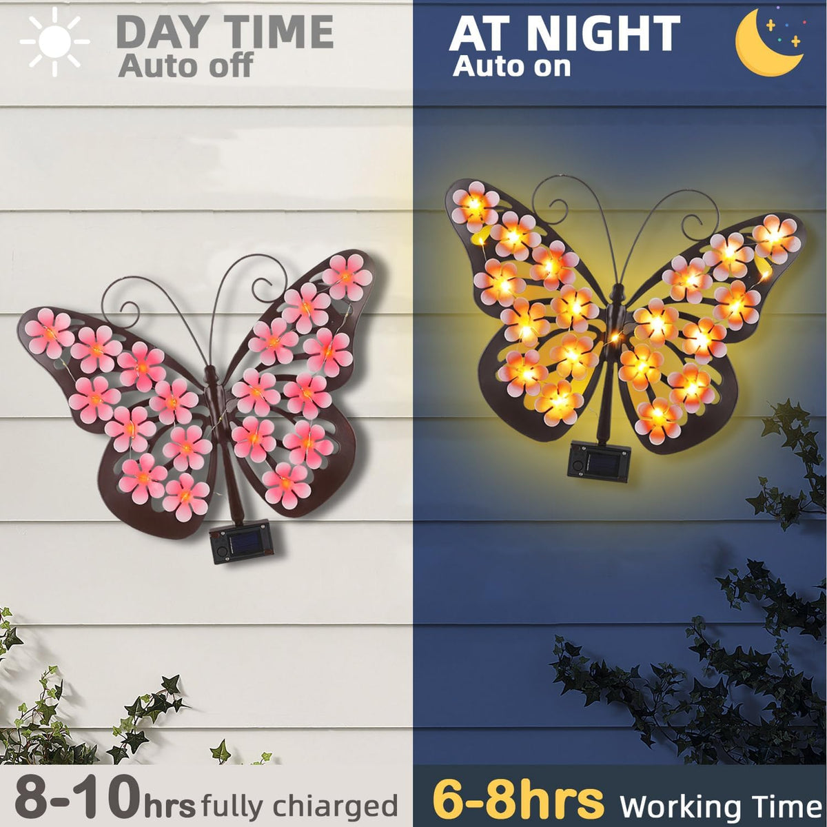 Metal Butterfly Wall Art with Solar-Powered LED Lights