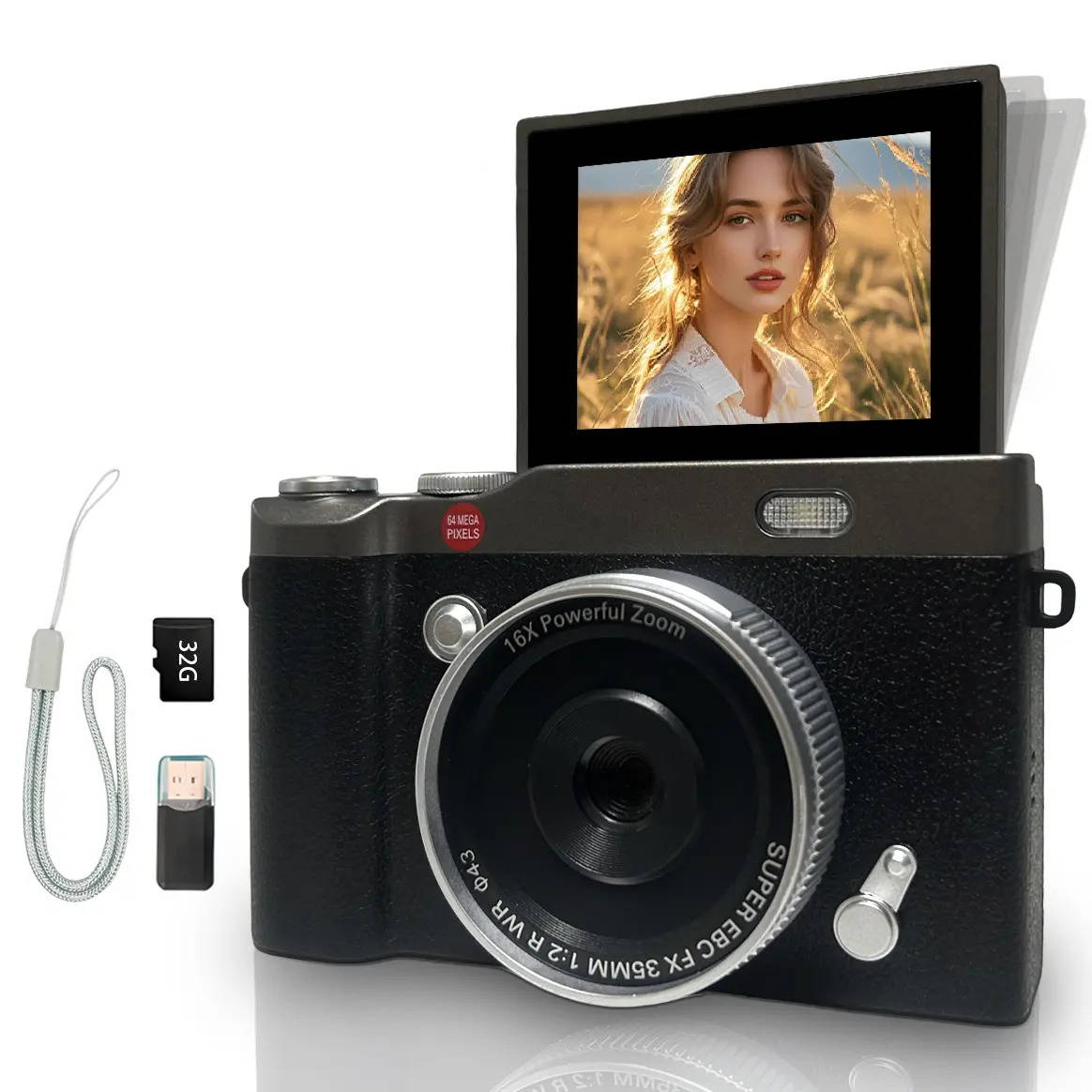 Compact Selfie Camera with 180° Flip Screen and 32GB Card