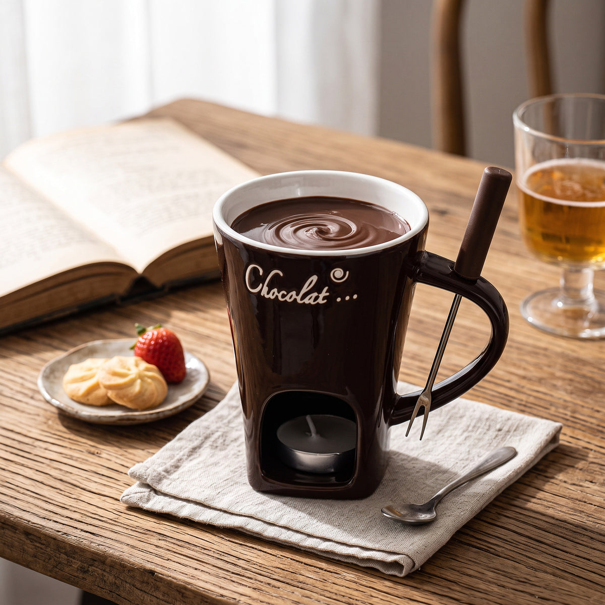 Ceramic Fondue Set with Candle Holder & Stainless Steel Fork
