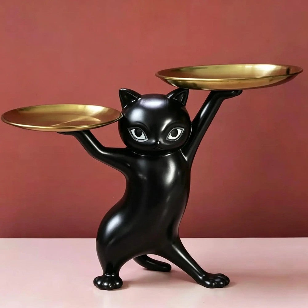 Figurine of Cat with Decorative Gold Serving Platters