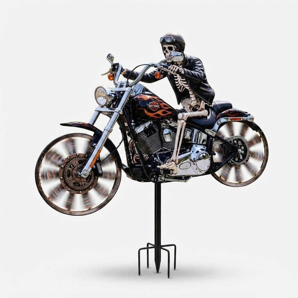 Whimsical Skeleton Rider Motorcycle Wind Spinner for Gardens