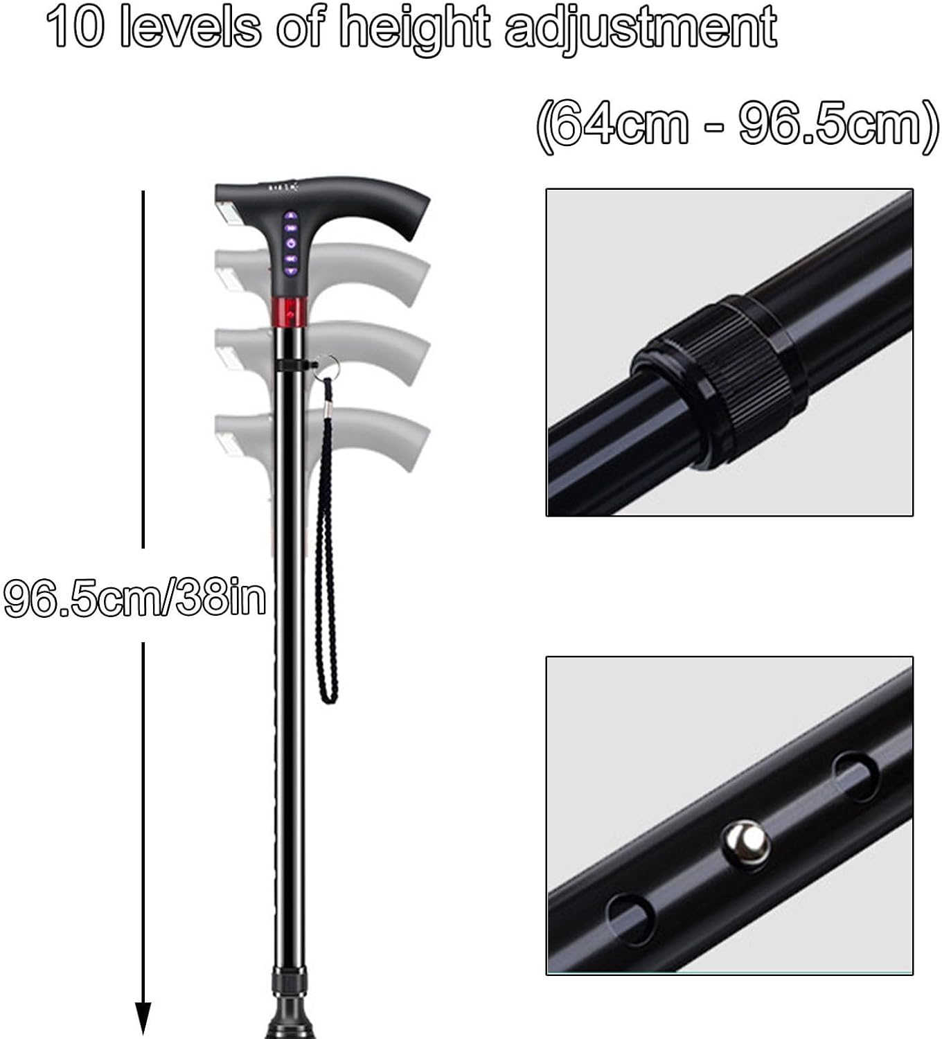Adjustable Height Walking Cane with LED Light and Radio for Safety
