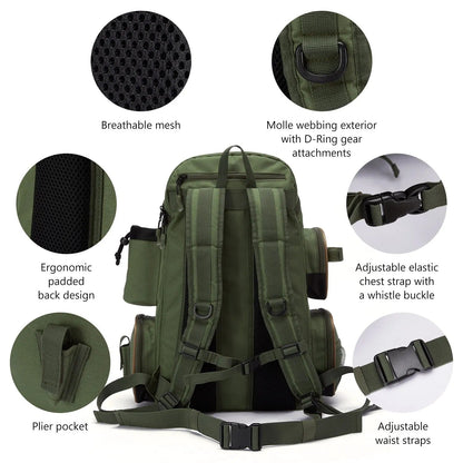 Fishing Gear Backpack - Waterproof Tackle Storage Bag with Rod Holder, Green, 15.7 x 7.9 x 19.7 in, for 3 Utility Boxes