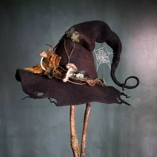 Artisan Woolen Witch Hat with Chiffon Trim and Adjustable Design
