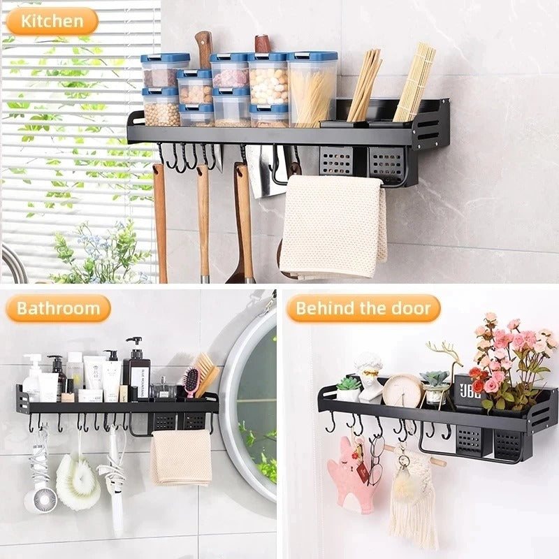 Aluminum Kitchen Organizer Rack for Wall, Utensil & Spice Holder with Hooks