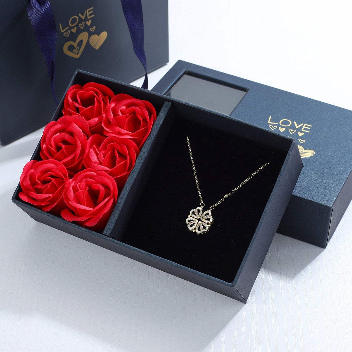 Clover Heart Pendant Necklace with Everlasting Roses & Gift Box