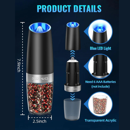 Gravity Sensor Electric Pepper Mill with Adjustable Coarseness and LED Light