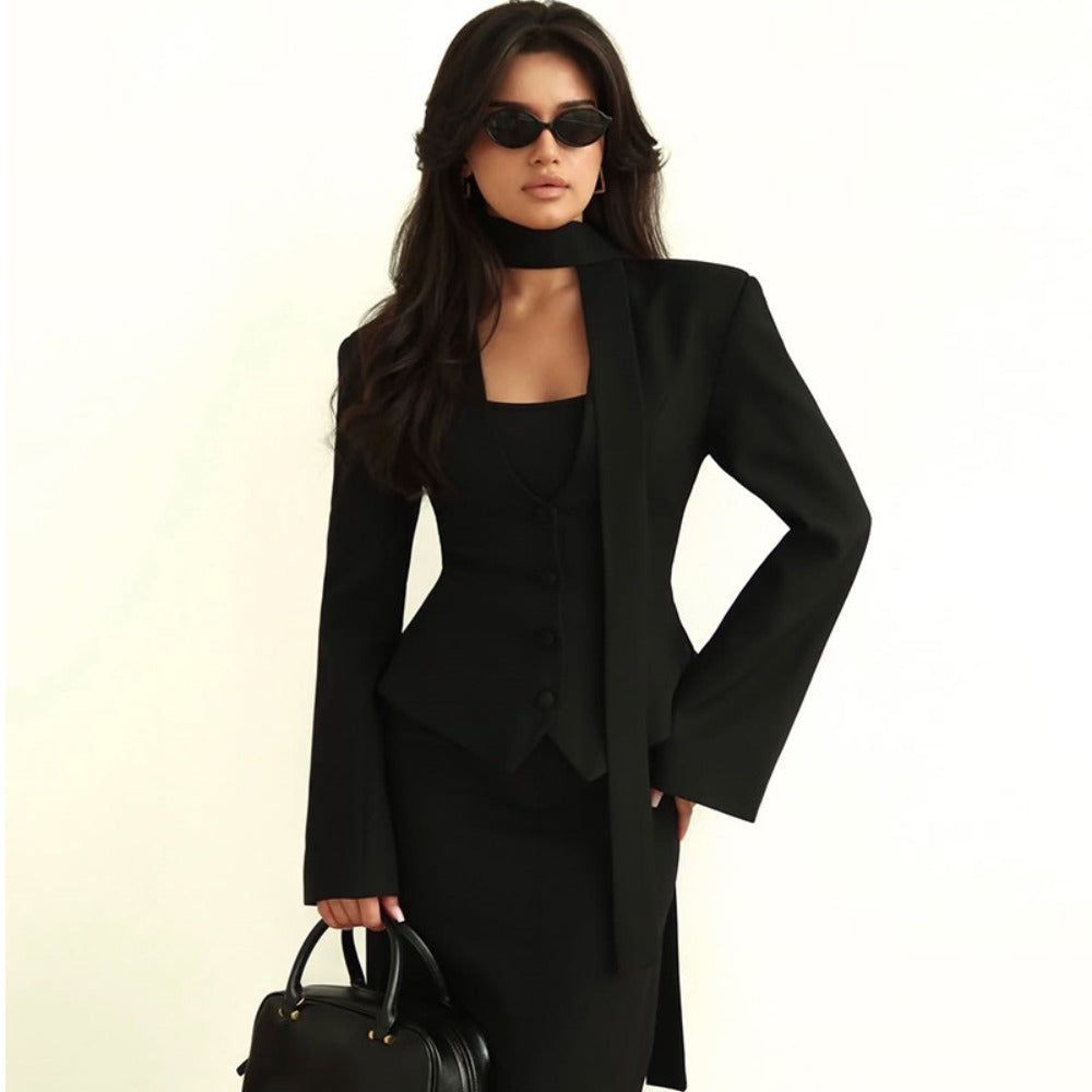 Chic Women's Blazer with Attached Scarf and Tailored Design