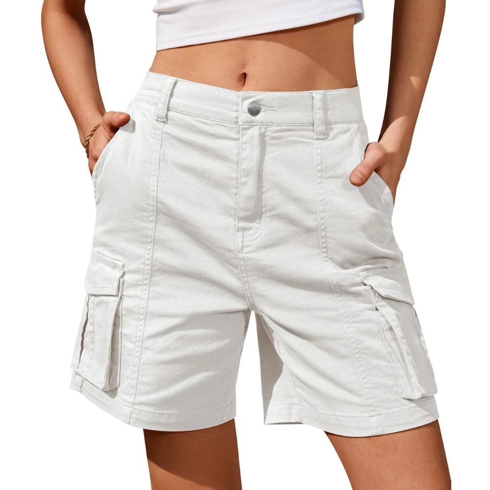 Women's Long Cargo Shorts with Elastic Waist and Multiple Pockets