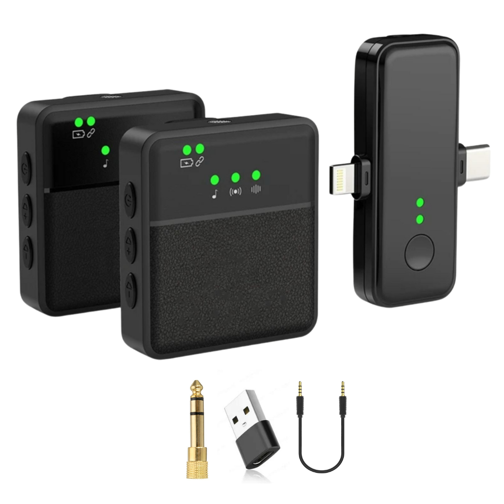 Dual Clip-On Wireless Lavalier Microphone Set for iPhone and Android with Noise Cancellation