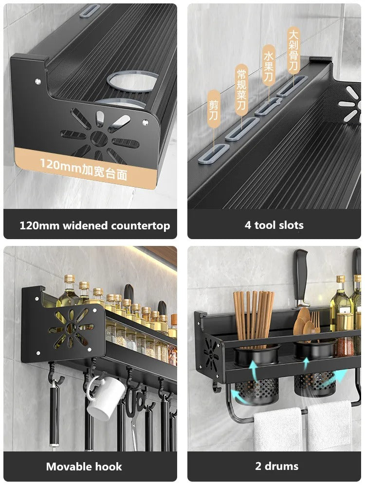 Aluminum Kitchen Organizer Rack for Wall, Utensil & Spice Holder with Hooks