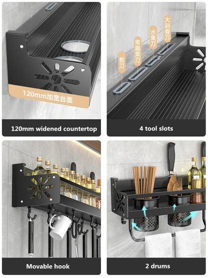 Aluminum Kitchen Organizer Rack for Wall, Utensil & Spice Holder with Hooks