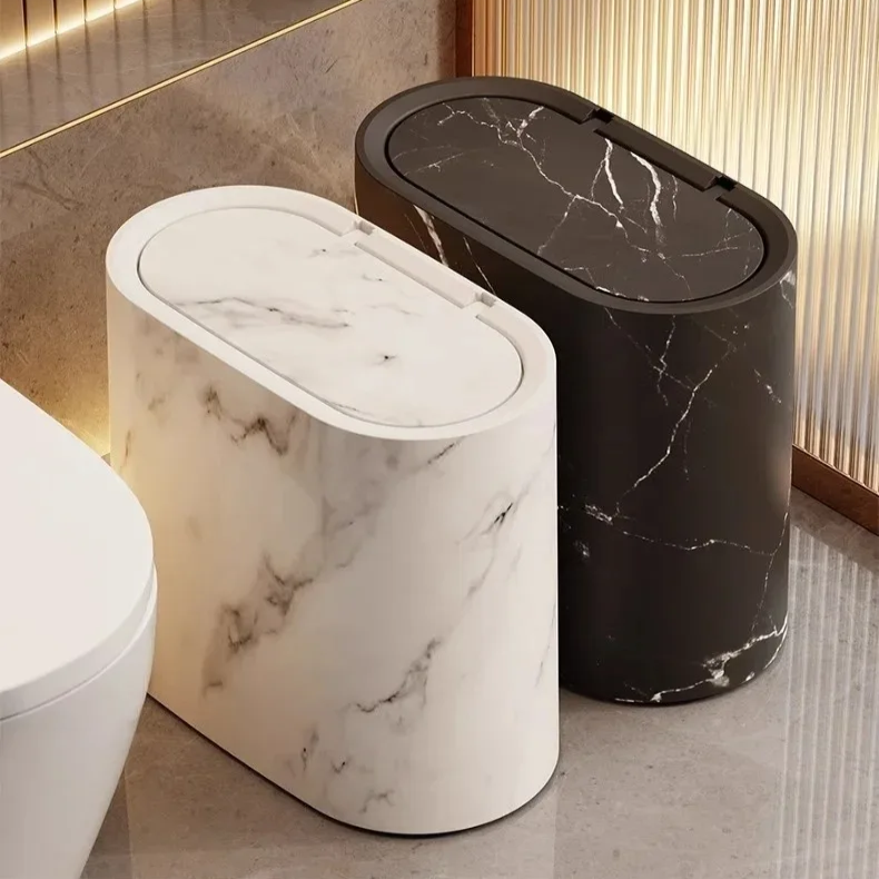 Sleek Push-Lid Waste Bin with Marble Design for Compact Spaces