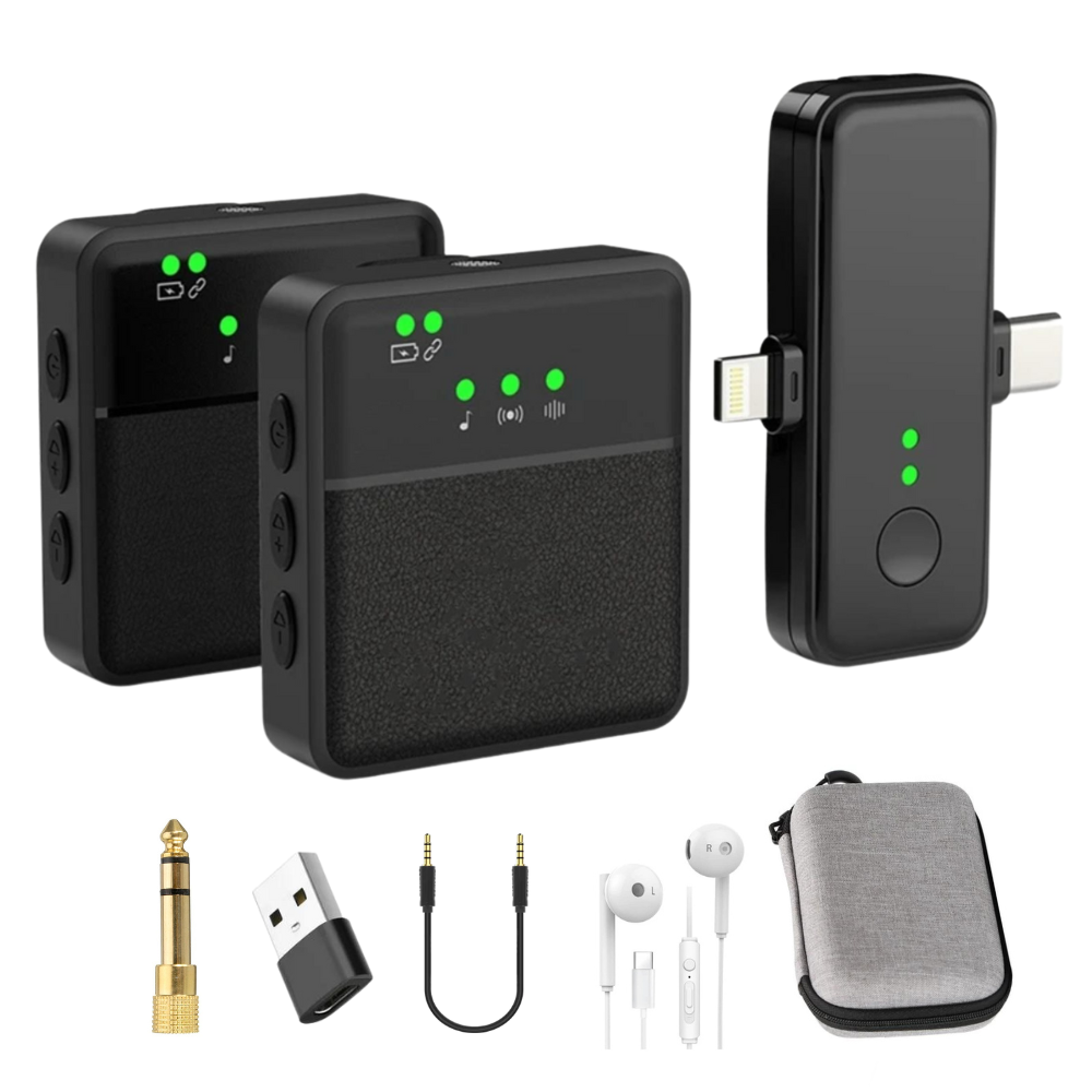 Dual Clip-On Wireless Lavalier Microphone Set for iPhone and Android with Noise Cancellation