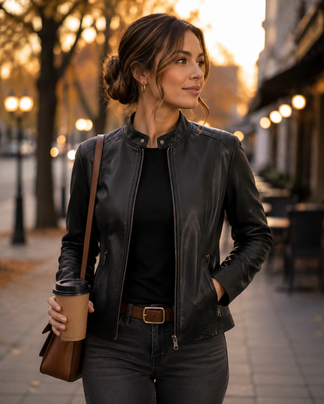 Stand-Up Collar Women's Leather Coat with Metallic Details, Sizes S-3XL, 5 Colors