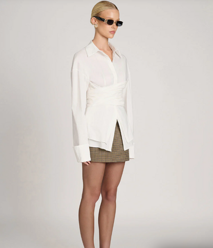 Sleek Draped Waist Top with Lightweight Fluid Fabric, Long Sleeves