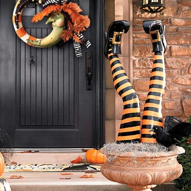Halloween Yard Decorations - Set of 2 Striped Resin Witch Leg Stakes, 11.81