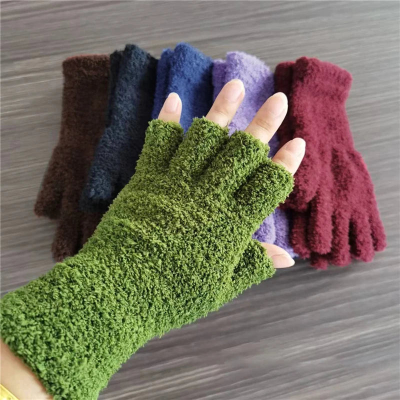 Adult Half-Finger Gloves with Coral Fleece Lining – Available in 6 Colors