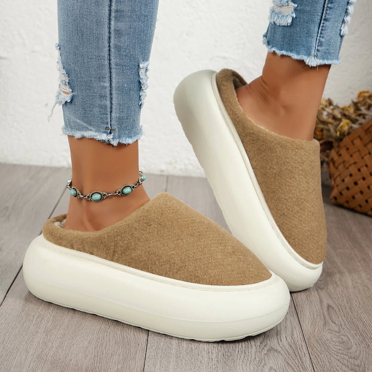 Cozy Winter House Slippers for Women - Soft Beige and Brown Fleece, Anti-Slip