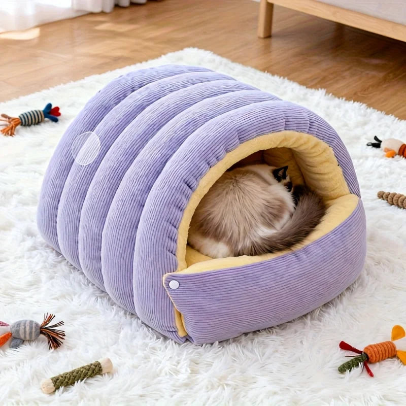 Purple and Beige Cat Cave Bed – Enclosed Fleece Tent for Small Pets