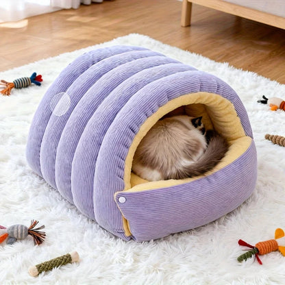 Purple and Beige Cat Cave Bed – Enclosed Fleece Tent for Small Pets