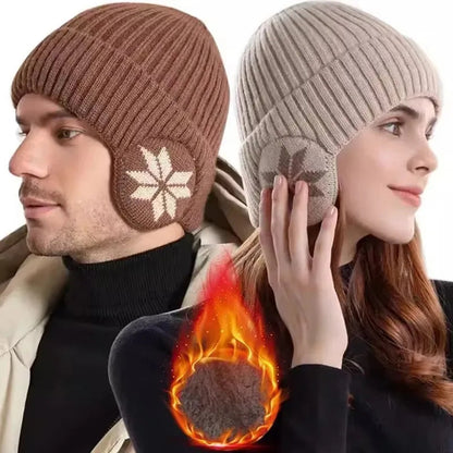 Unisex Ribbed Beanie Hat with Ear Coverage - Plush Lined Polyester Snowflake Cap, One Size