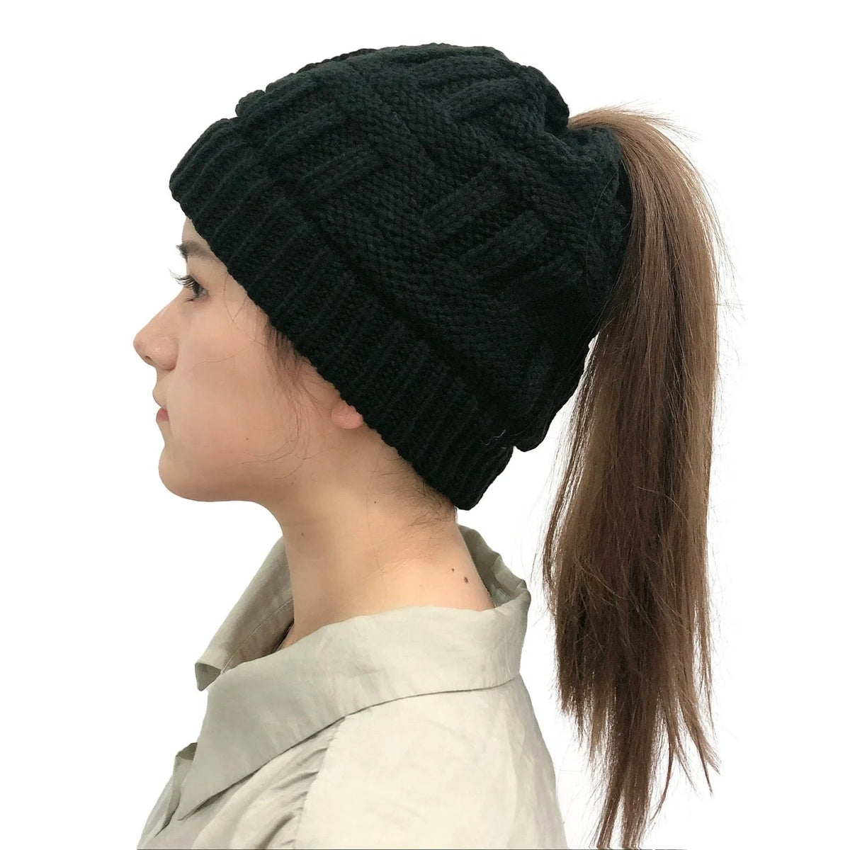 Knit Winter Hat for Women with Messy Bun Hole – Stretchy Beanie in 4 Colors