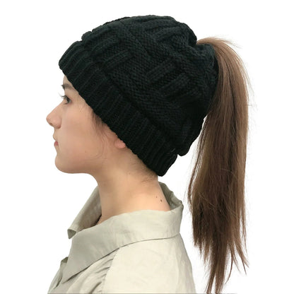 Knit Winter Hat for Women with Messy Bun Hole – Stretchy Beanie in 4 Colors