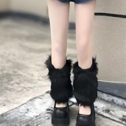 Faux Fur Boot Covers for Women – Black Fluffy Ankle Warmers, Sizes S, M, L
