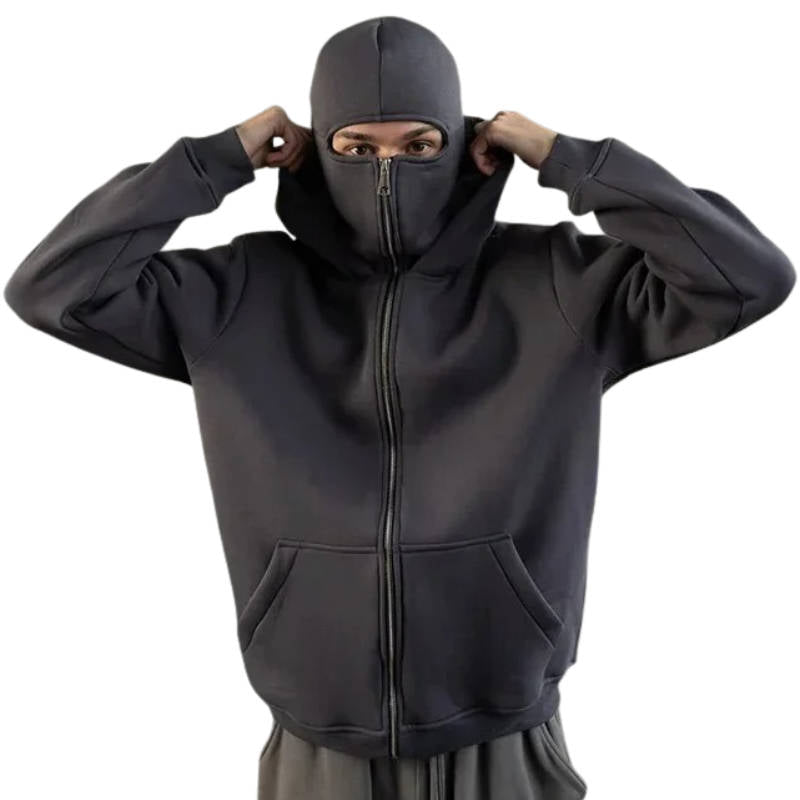 Knit Polyester Ski Mask Sweatshirt with Double Hood, Neck Gaiter, Pockets - Unisex Full Zip Balaclava Hoodie for Winter