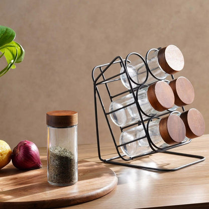 Elegant Spice Storage Set with Wooden Display Stand - 6 Jars
