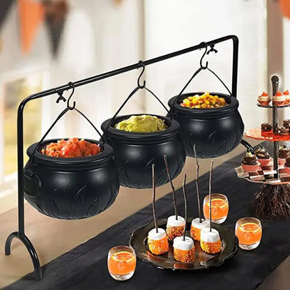 Halloween Decoration Set with 3 Mini Black Cauldrons on Iron Stand for Candy