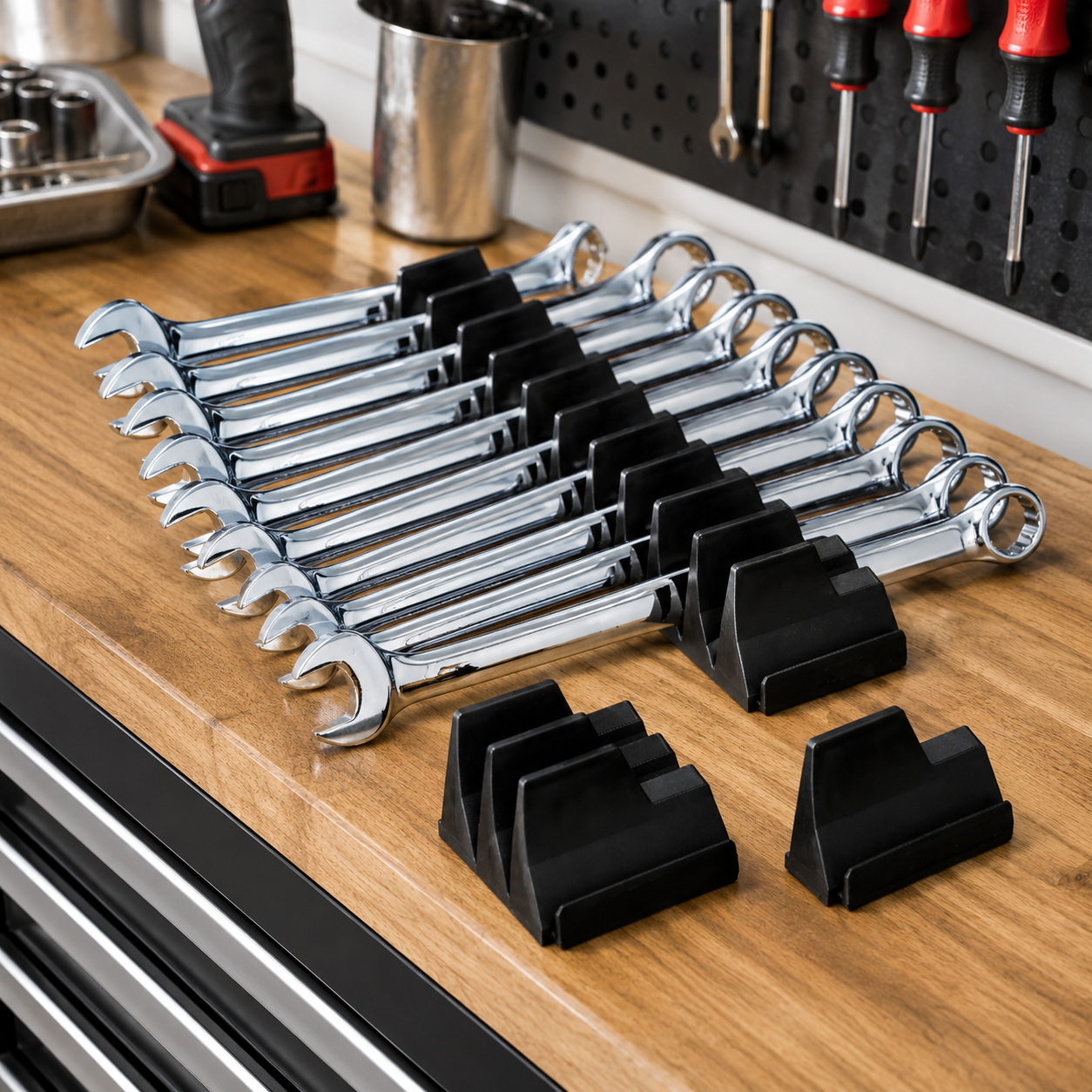 Modular Wrench Rack Organizer for 40 Tools, 6mm to 38mm, Black Plastic