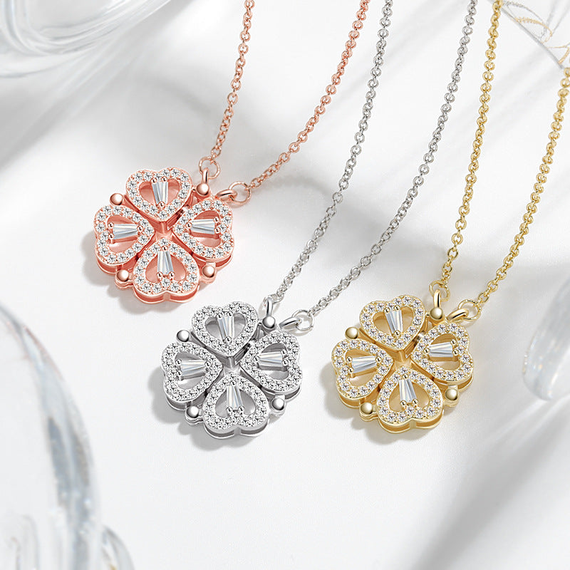 Clover Heart Pendant Necklace with Everlasting Roses & Gift Box