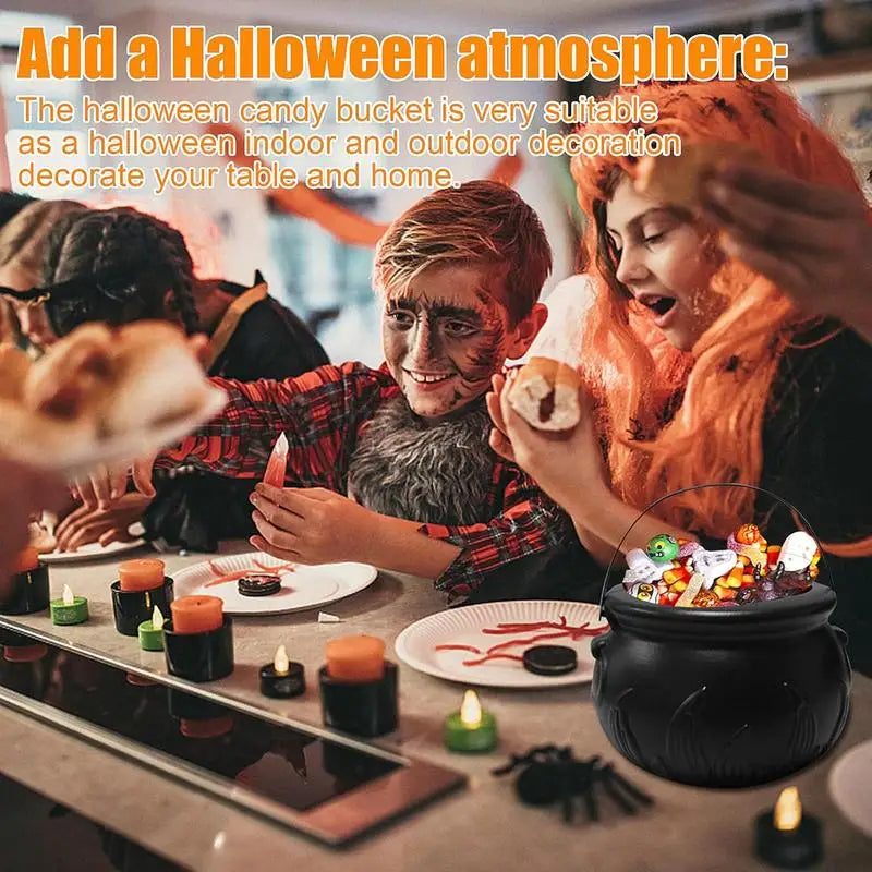 Halloween Decoration Set with 3 Mini Black Cauldrons on Iron Stand for Candy