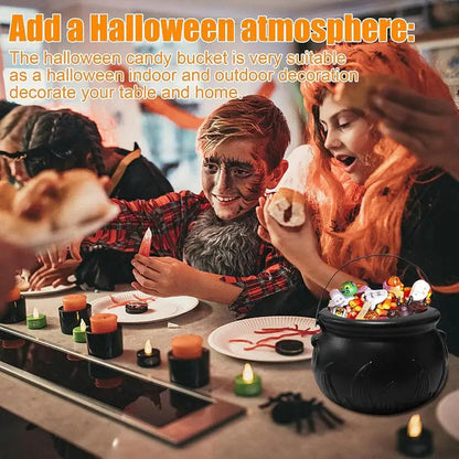 Halloween Decoration Set with 3 Mini Black Cauldrons on Iron Stand for Candy