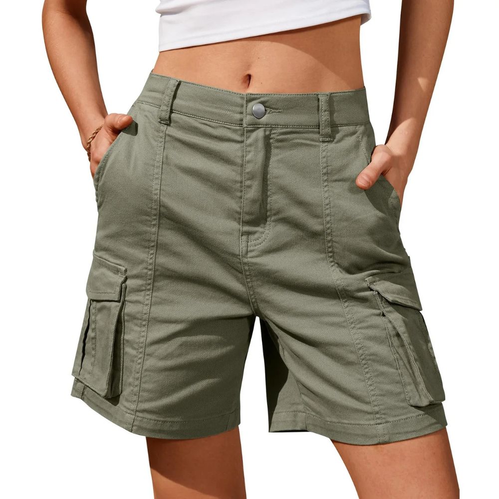 Women's Long Cargo Shorts with Elastic Waist and Multiple Pockets
