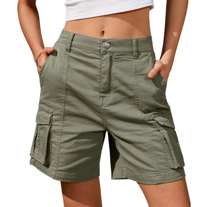 Women's Long Cargo Shorts with Elastic Waist and Multiple Pockets