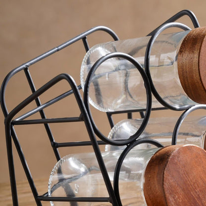 Elegant Spice Storage Set with Wooden Display Stand - 6 Jars