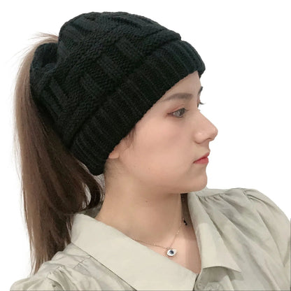 Knit Winter Hat for Women with Messy Bun Hole – Stretchy Beanie in 4 Colors