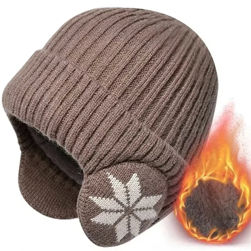 Unisex Ribbed Beanie Hat with Ear Coverage - Plush Lined Polyester Snowflake Cap, One Size