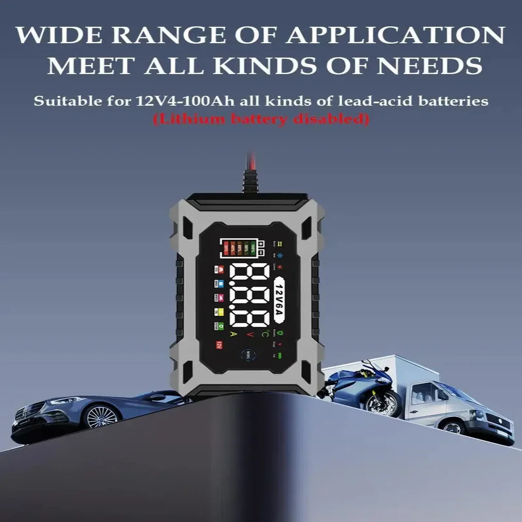 Versatile 12V Battery Charger with Real-Time Voltage Display