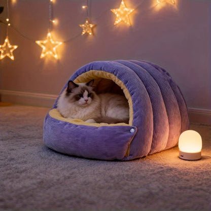 Purple and Beige Cat Cave Bed – Enclosed Fleece Tent for Small Pets