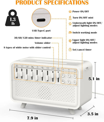 Bluetooth Speaker with 8 Sounds, Humidifier, Night Light, and Aroma Diffuser for Travel and Bedroom